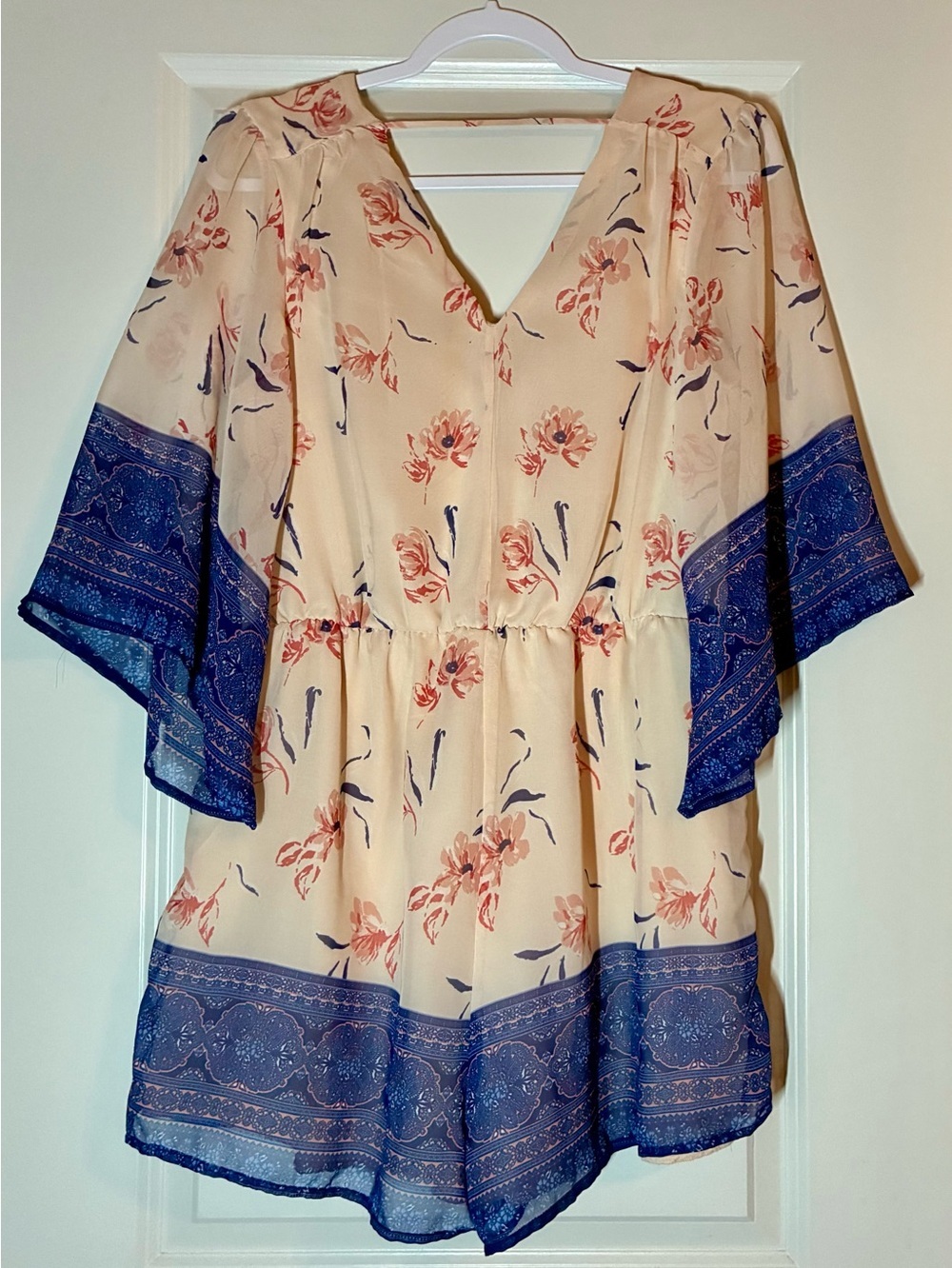Bailey Blue Floral Wrap Romper in Peachy Pink with Blue Border Size Medium - Picture 3 of 4